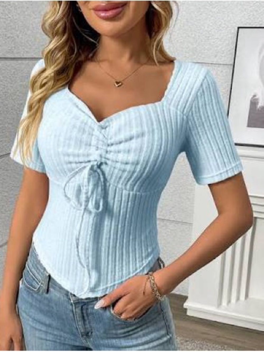 Light Blue Ribbed Tie-Front Square Neck Top